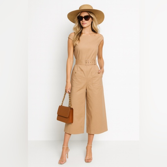 Pants - Belted Wide-Leg Jumpsuit Women's Tan Belted Romper cotton blend